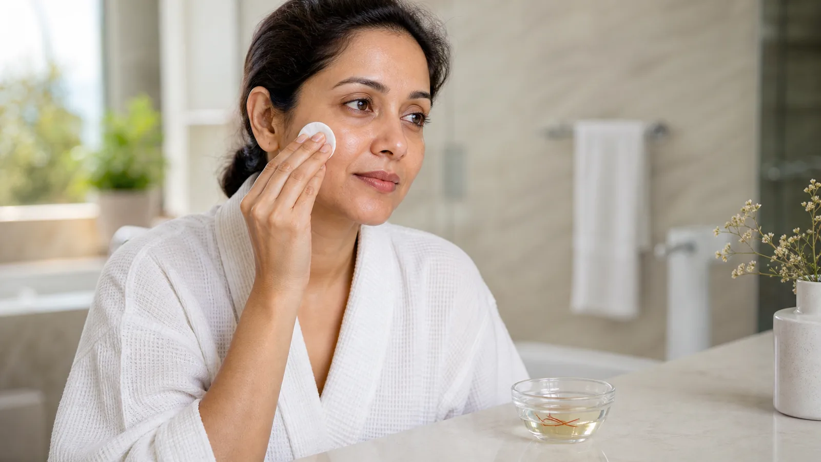 Woman gently applies a weak saffron-water infusion to her cheek
