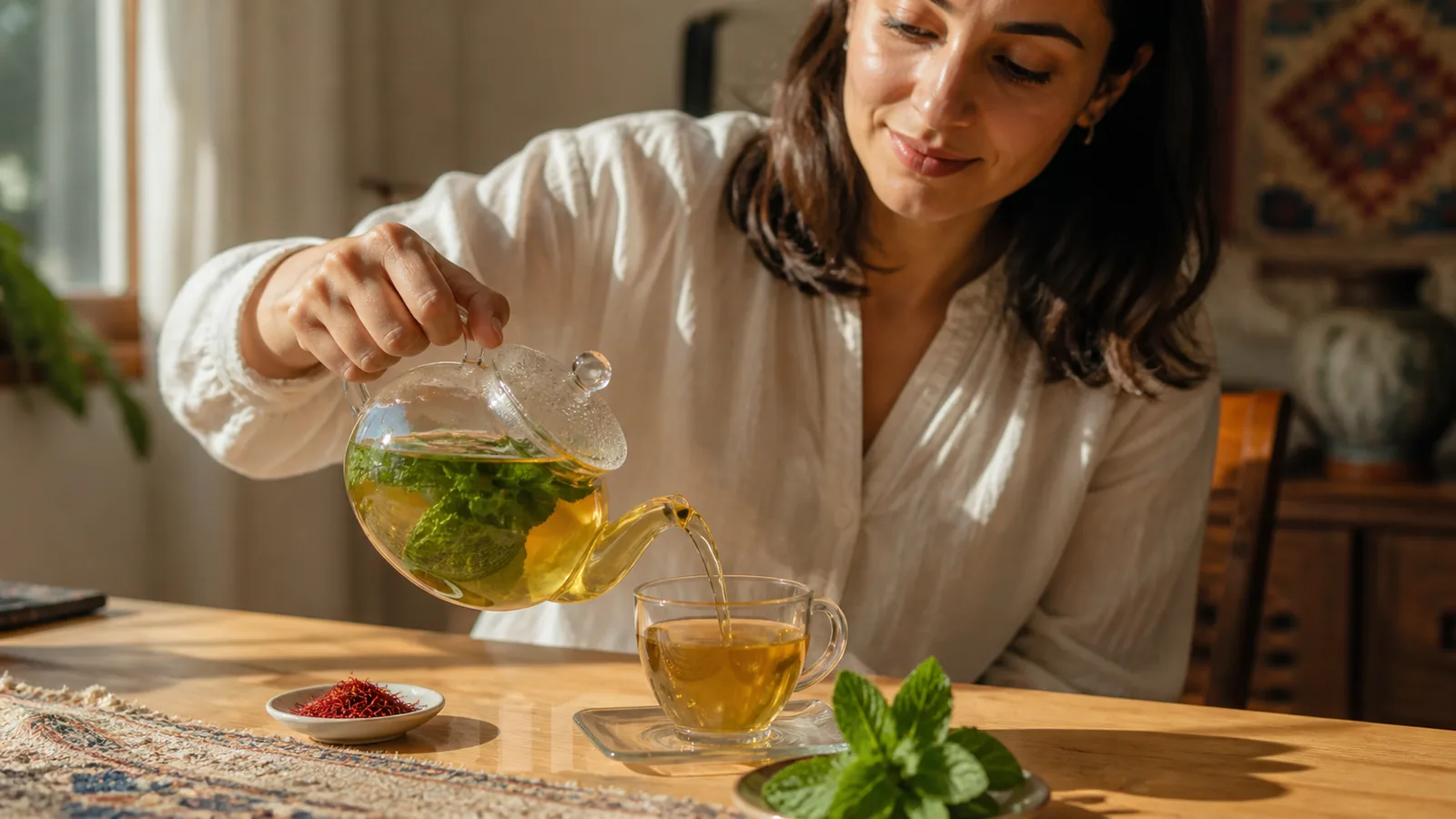 Woman pours golden Iranian saffron and mint tea at a home table
