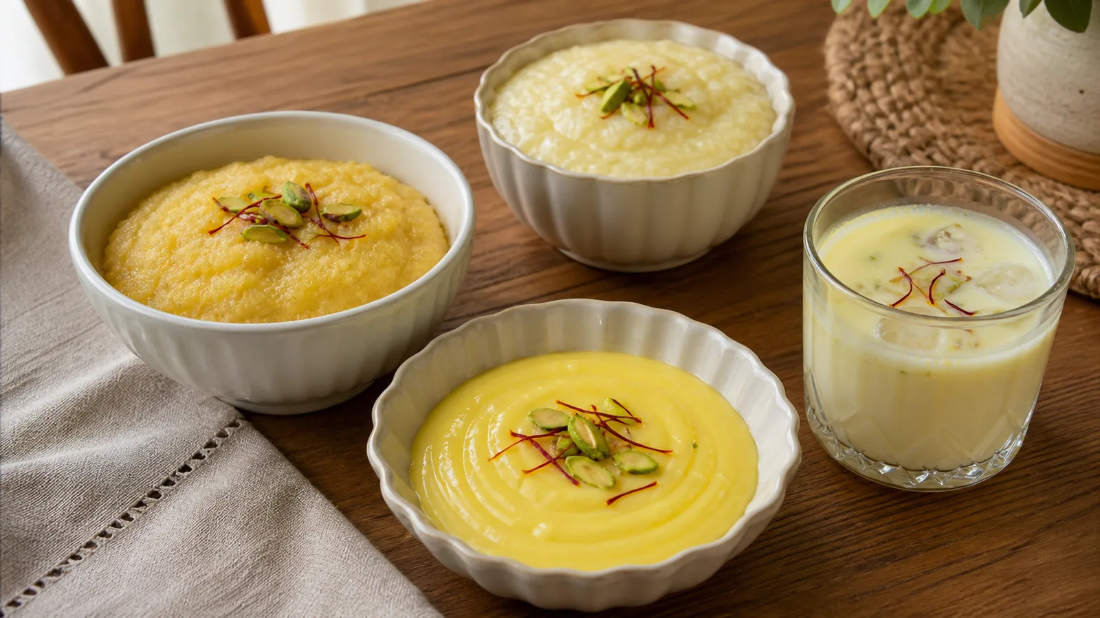 Three saffron puddings with different textures beside a chilled yogurt drink