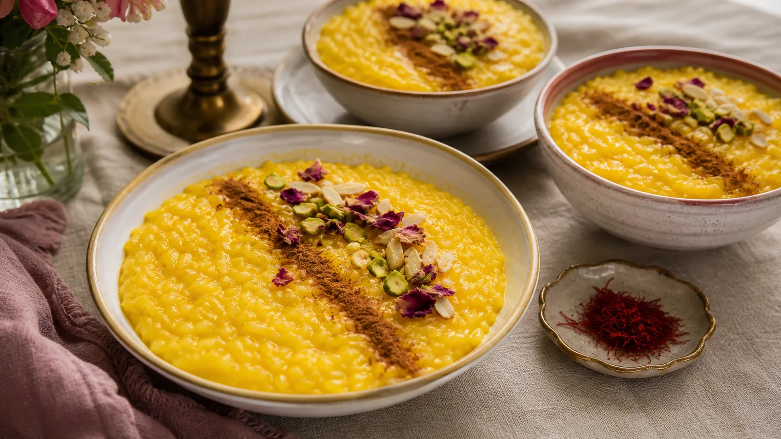 Bowls of golden Persian sholeh zard with cinnamon, almonds and pistachios