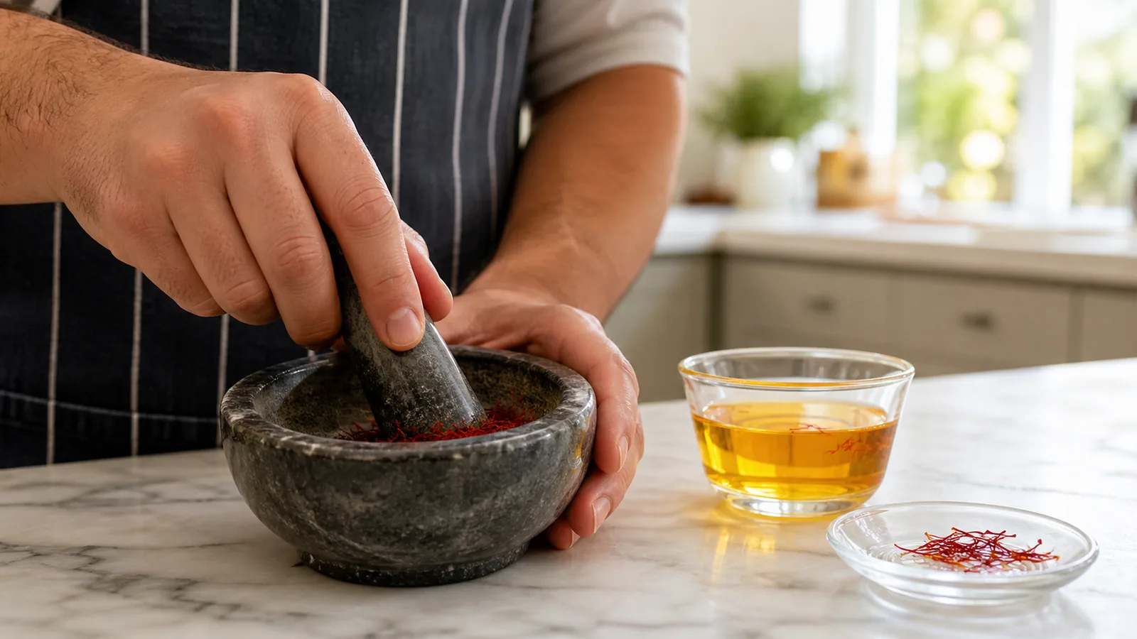 Cook crushes saffron threads beside a clear golden saffron infusion
