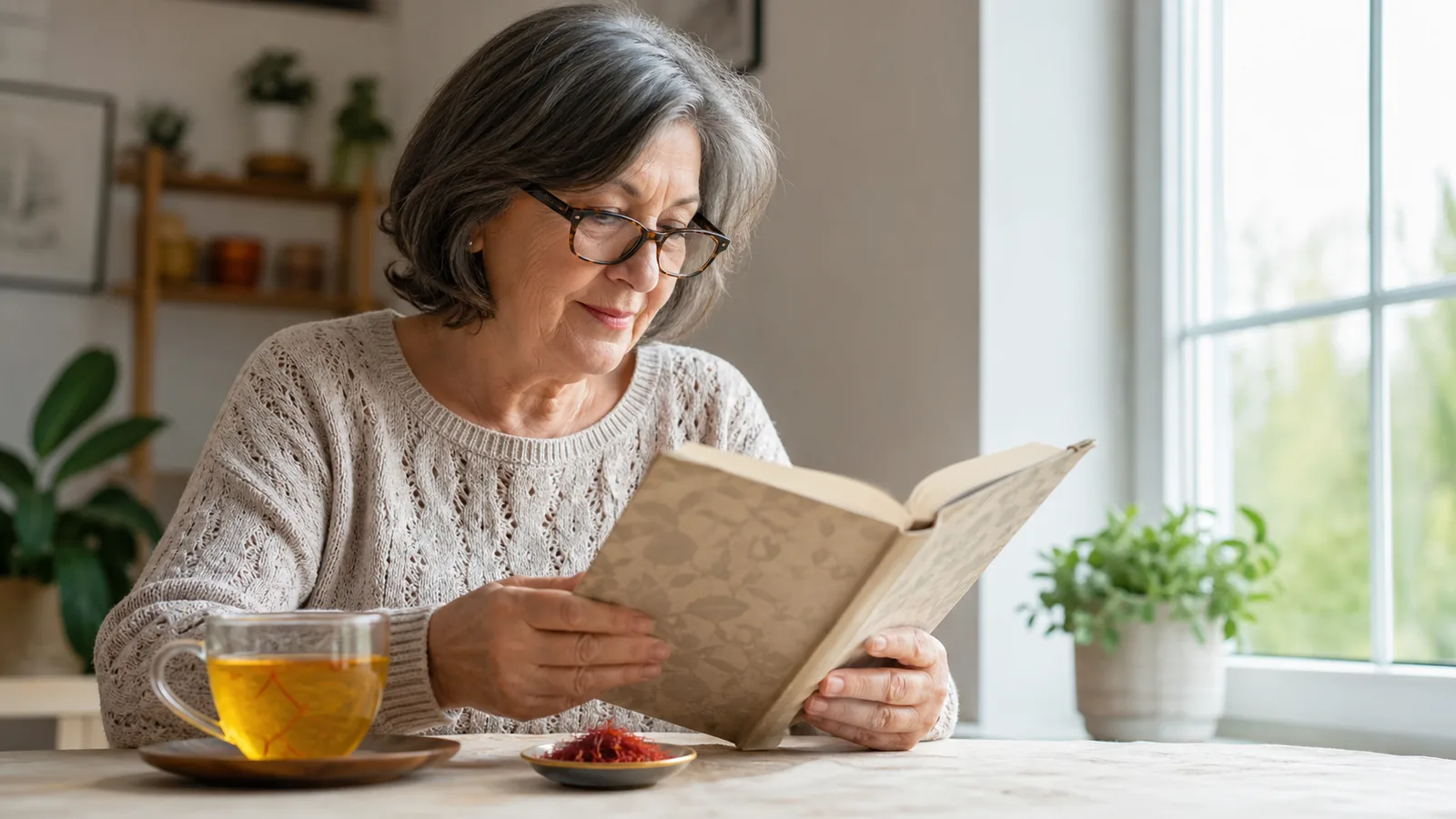 Older woman reads with glasses beside saffron tea and culinary threads