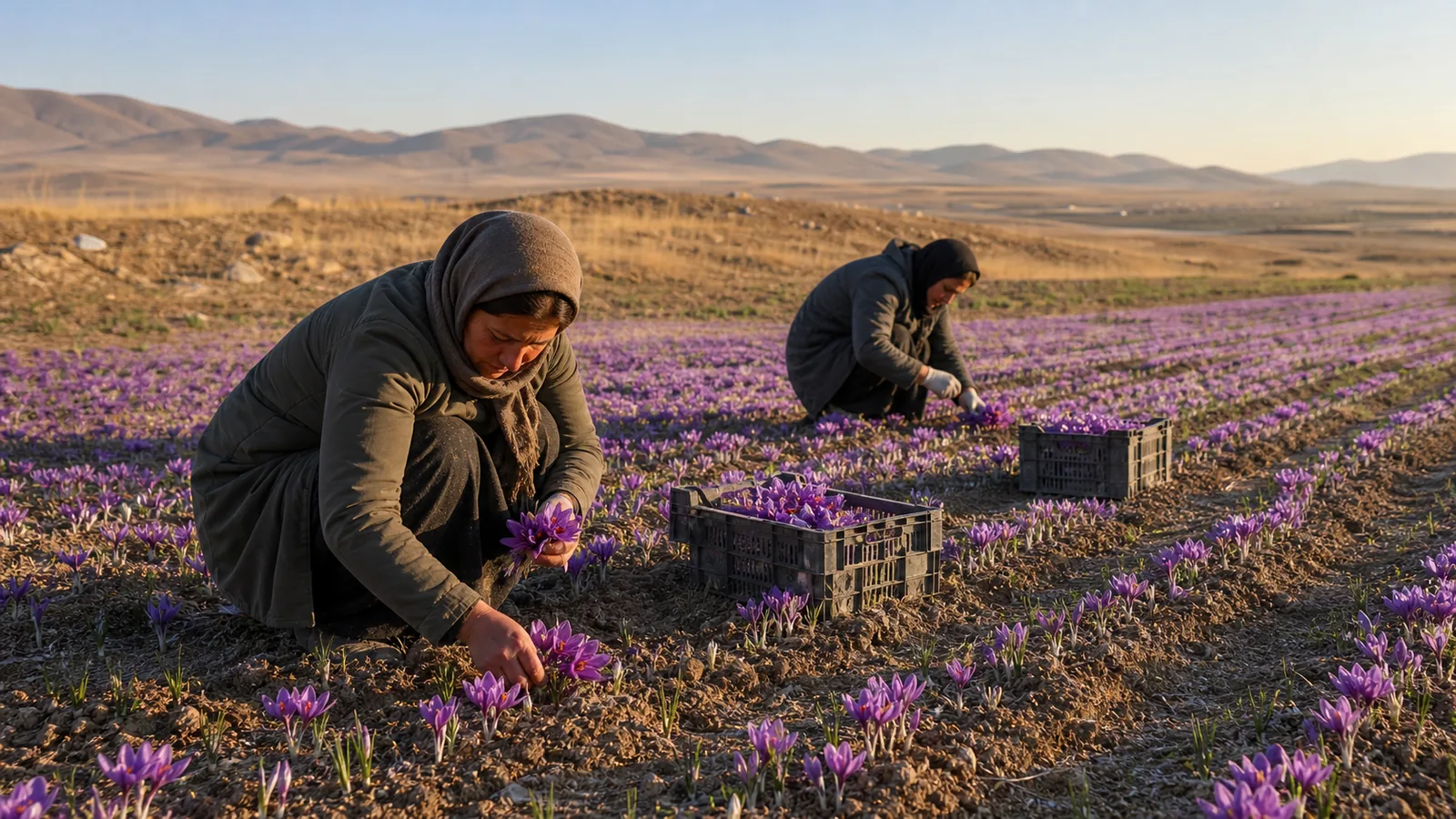 Workers harvest saffron flowers in a Zanjan field