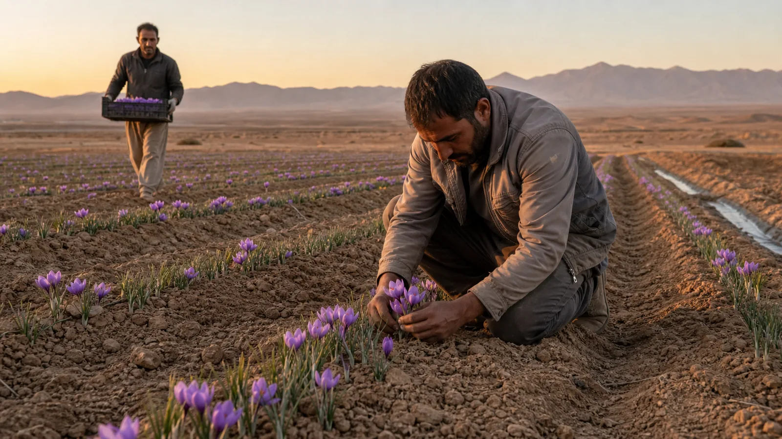 Farmers harvest saffron in a dry field near Bam