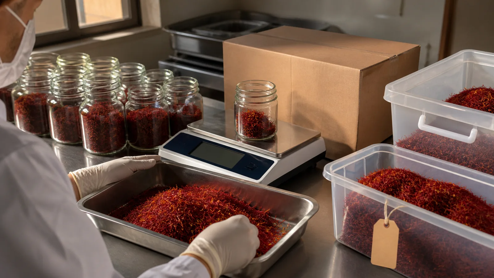 Saffron threads weighed for bulk and retail export packs