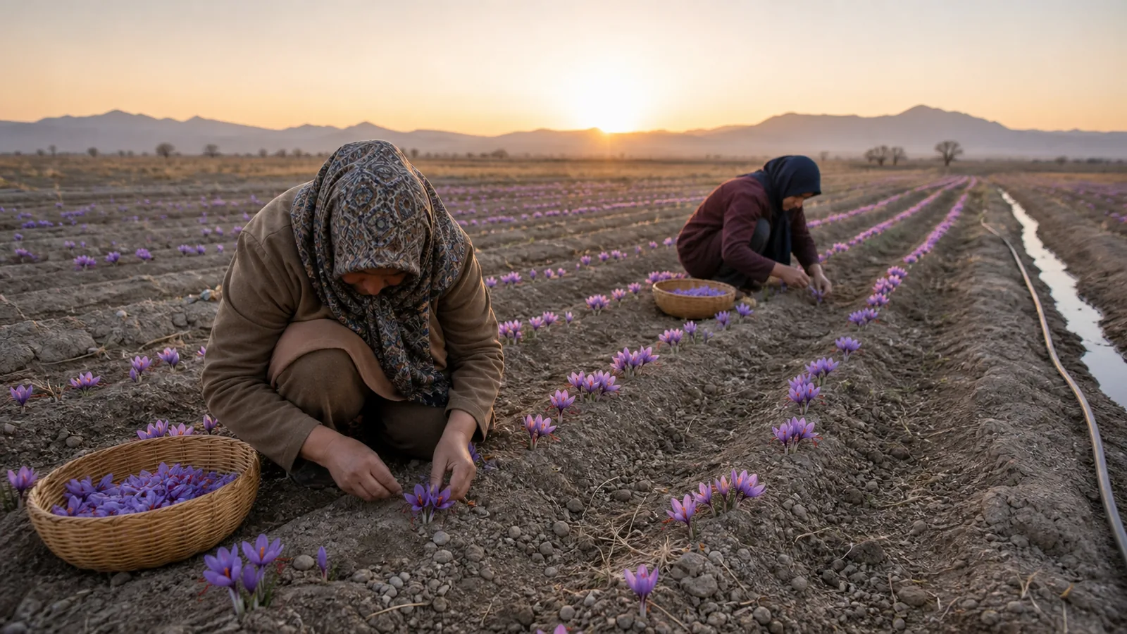 Workers harvest saffron in a Rafsanjan field
