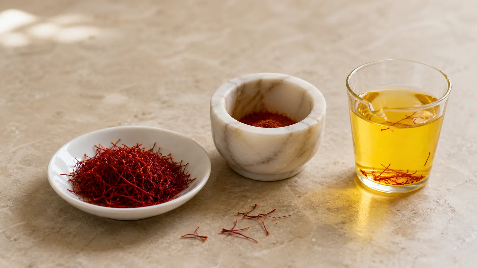 Saffron threads, ground saffron and a golden saffron infusion
