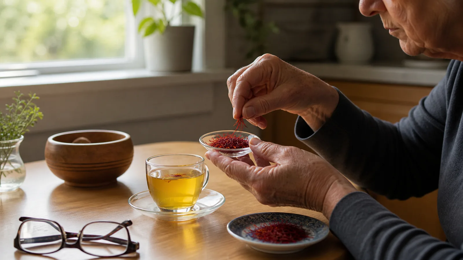 An older adult preparing saffron infusion beside reading glasses