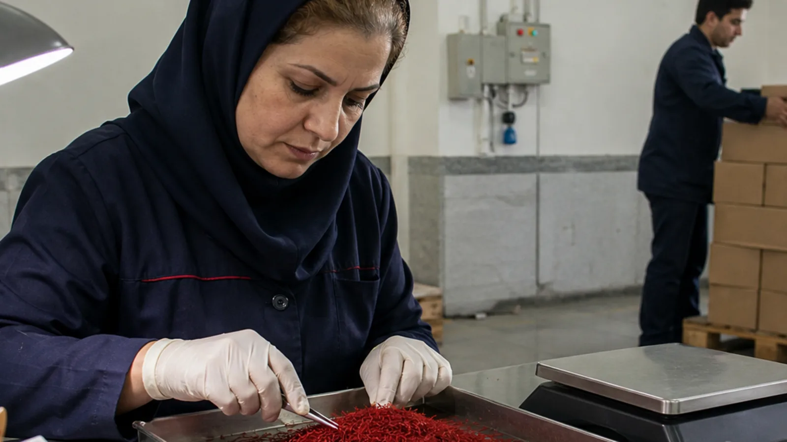 Saffron threads inspected beside export cartons and a scale