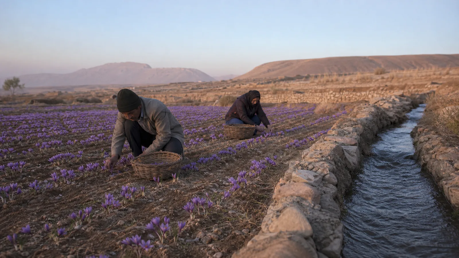 Farmers harvesting purple saffron flowers beside a qanat-fed irrigation channel in Gonabad