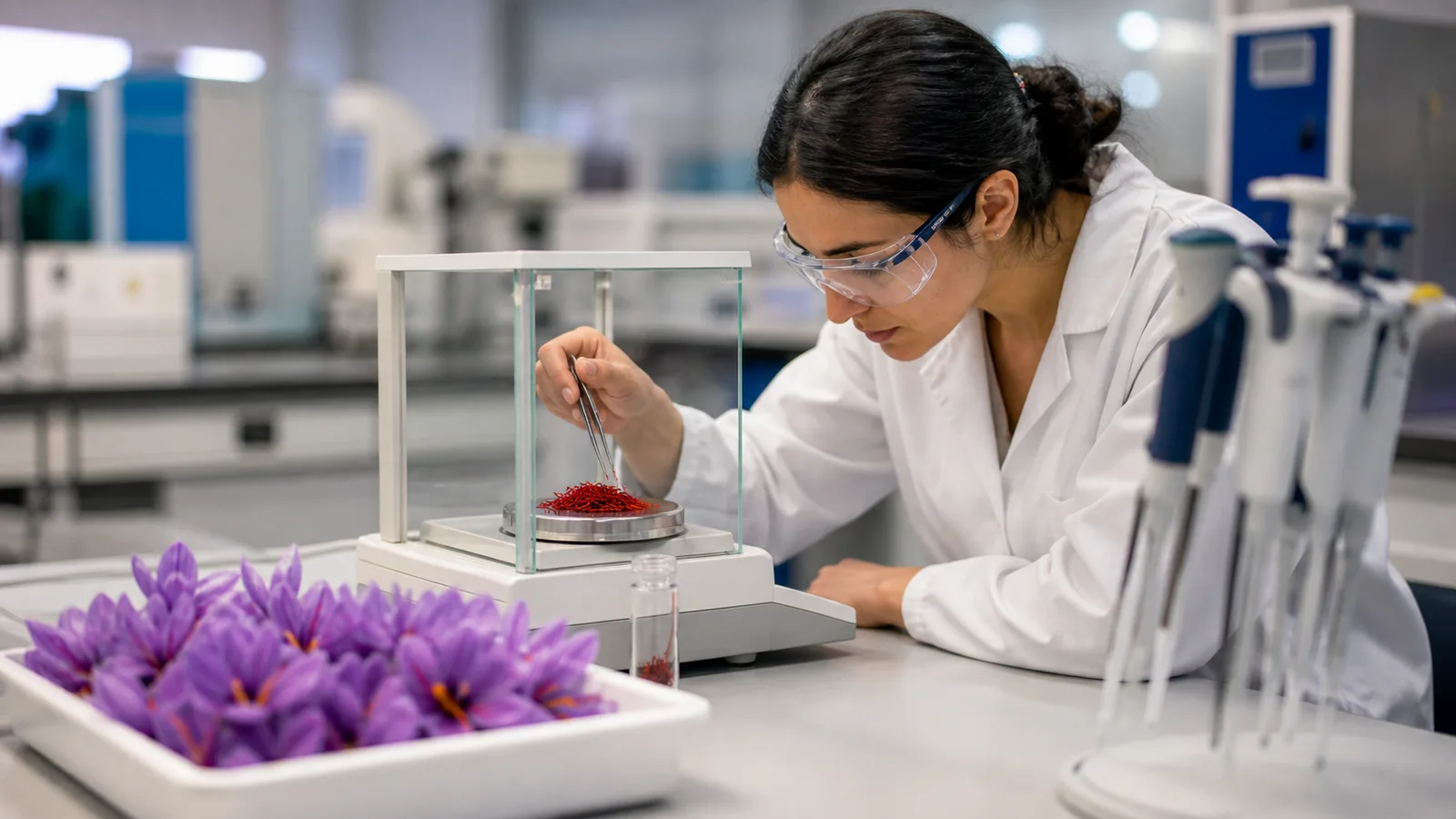 Laboratory scientist weighing saffron threads beside crocus flower samples