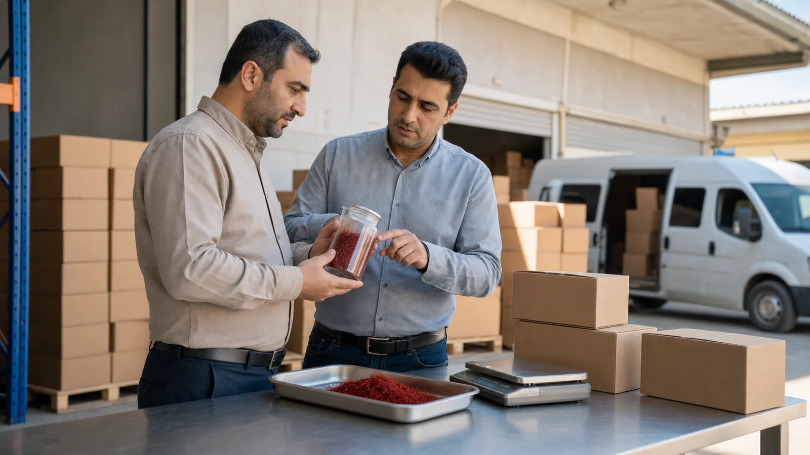 Two traders inspecting a jar of saffron beside plain cartons and a delivery van