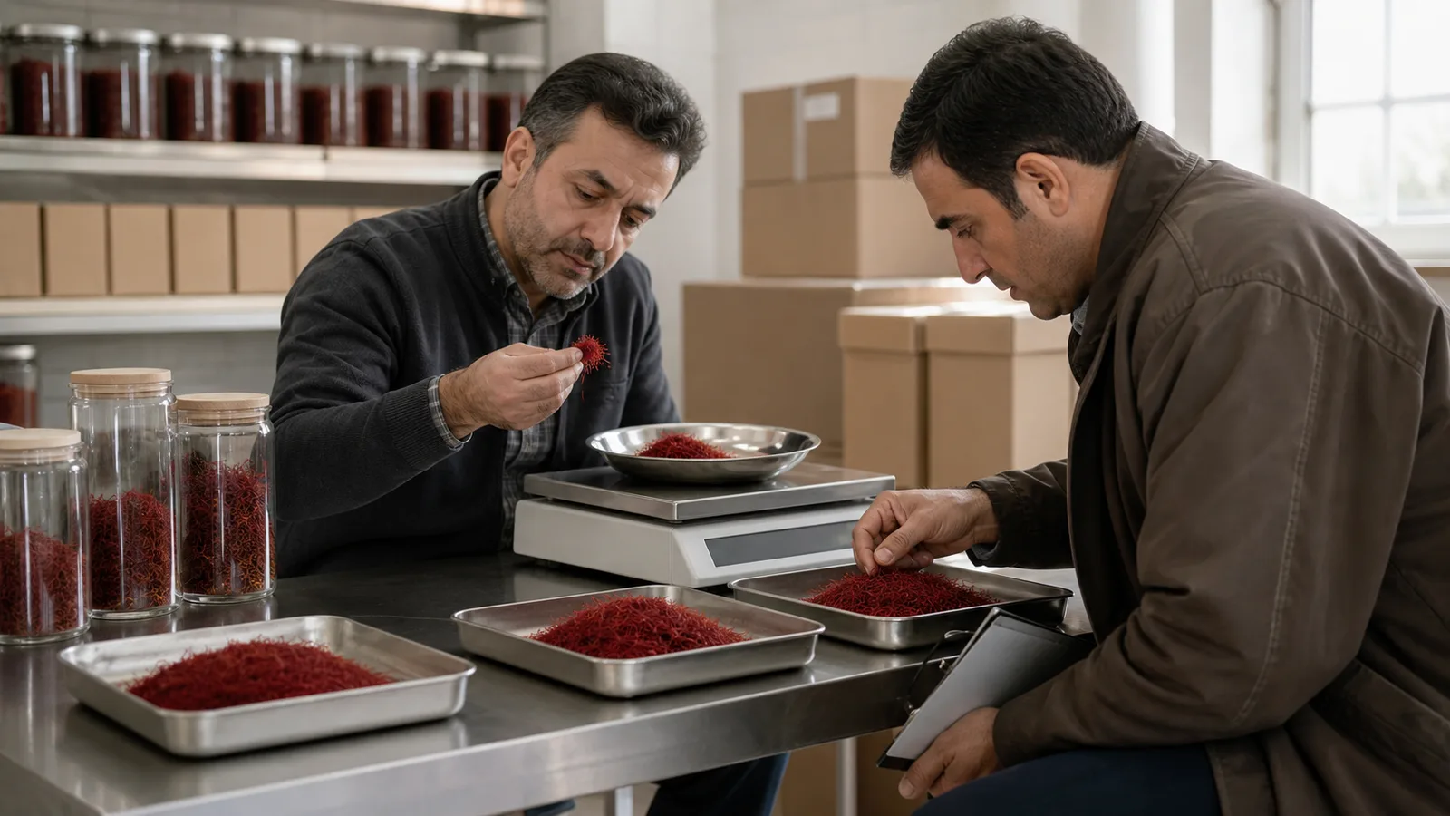 Two buyers comparing saffron lots beside a precision scale and storage cartons