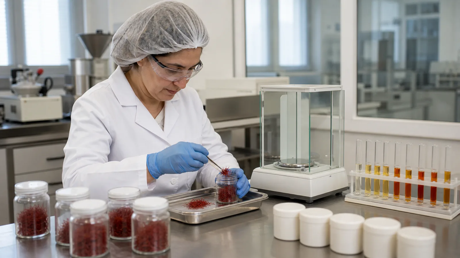 Food laboratory technician sampling saffron beside an analytical balance and extract tubes