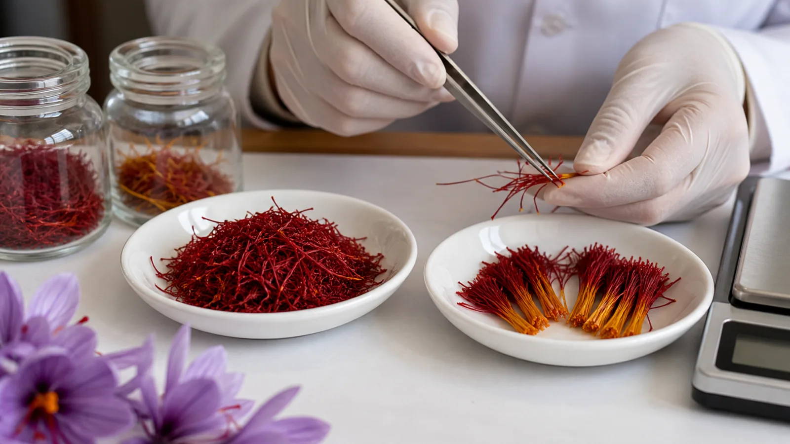 All-red saffron and red-orange bundle saffron compared in separate dishes