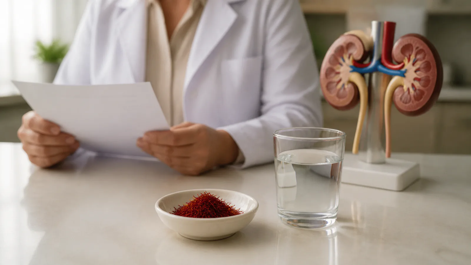 Saffron threads, water and a kidney model during a medical review
