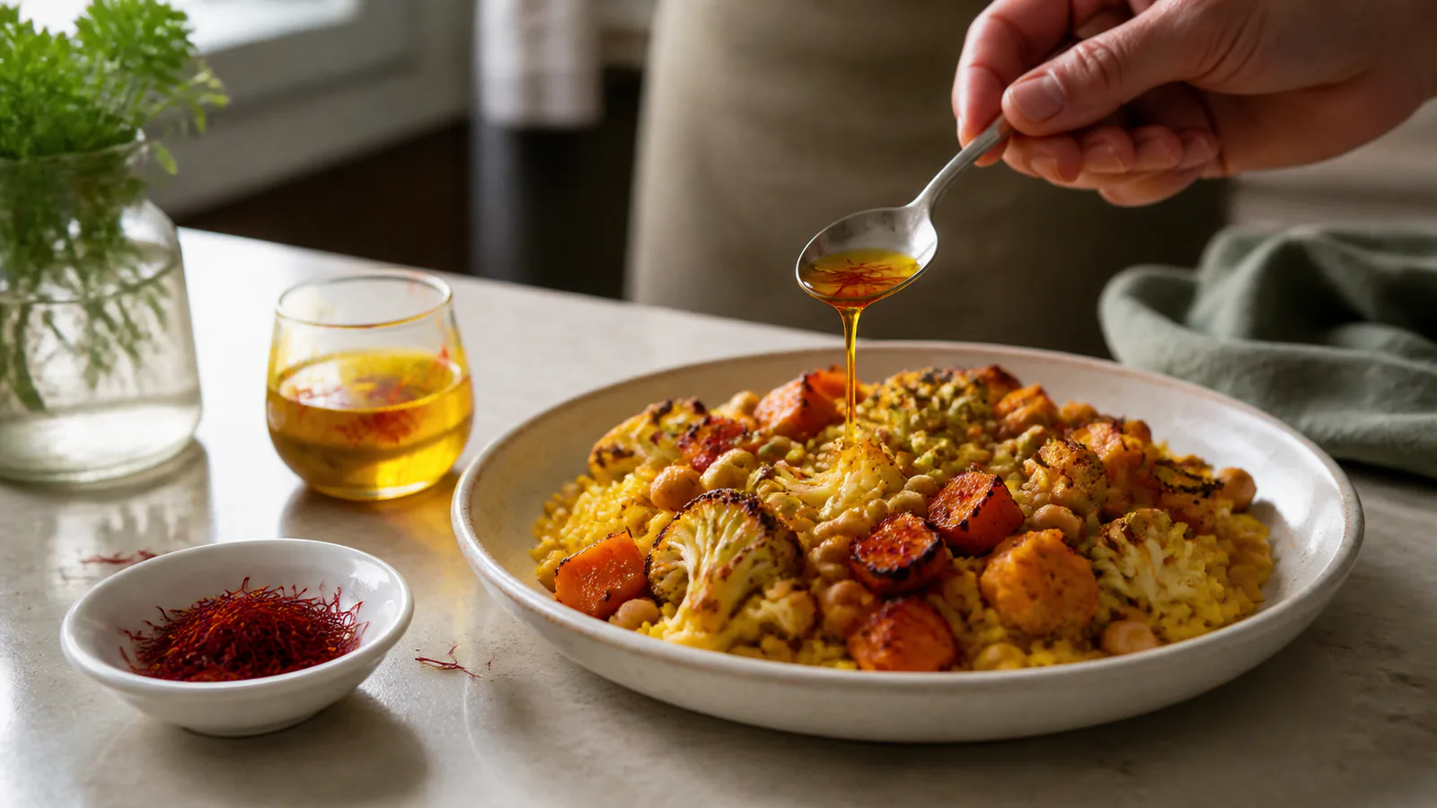 Saffron infusion being added to rice, vegetables and chickpeas