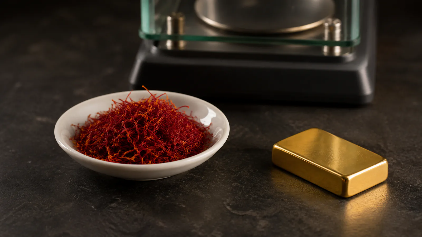 Saffron threads and a plain gold bar beside a precision scale