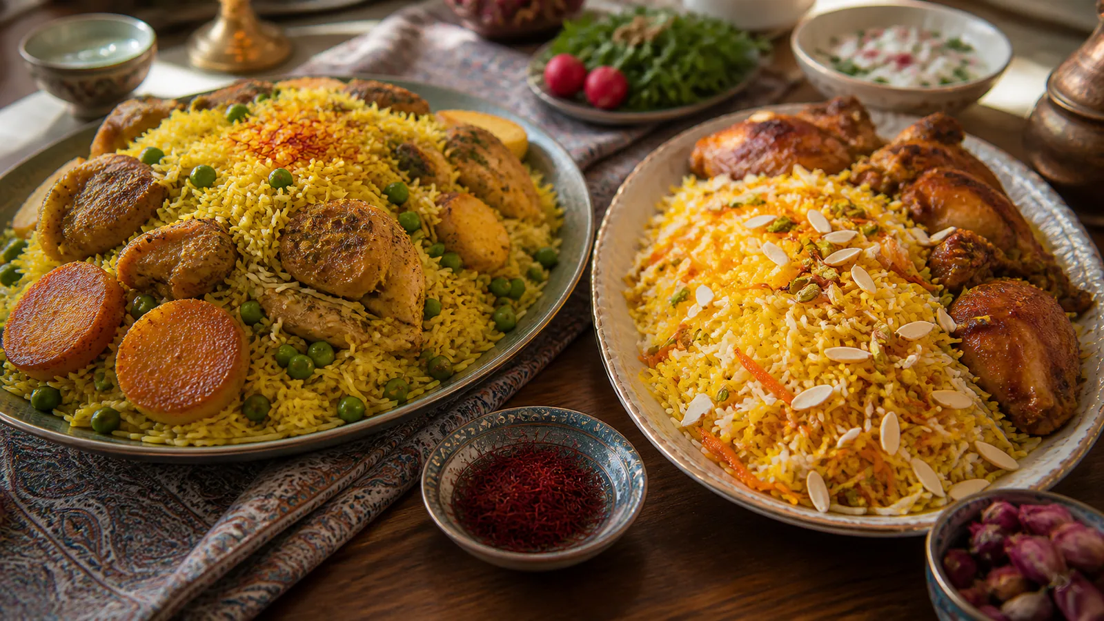 Kari saffron rice with peas and potato beside nutty shirin polo