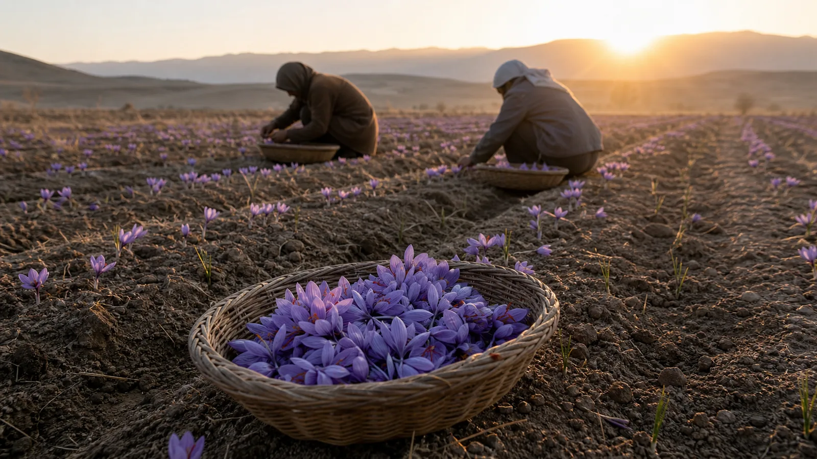 Workers hand-picking saffron flowers in a Khorasan field at sunrise