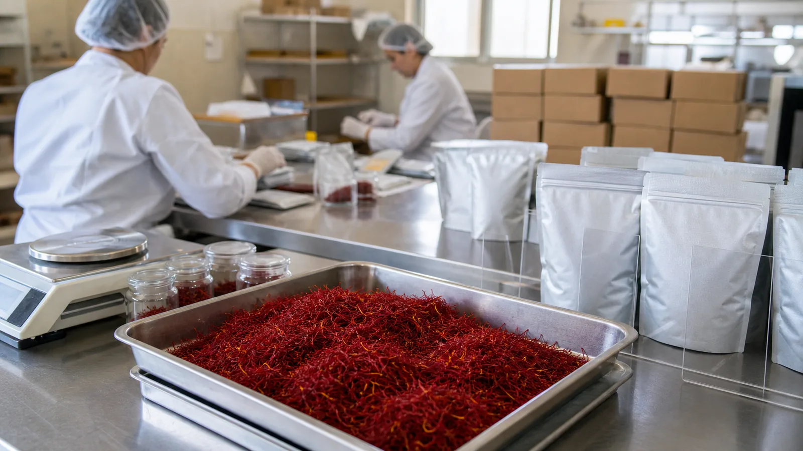 Workers inspecting and packing saffron for export in a clean facility
