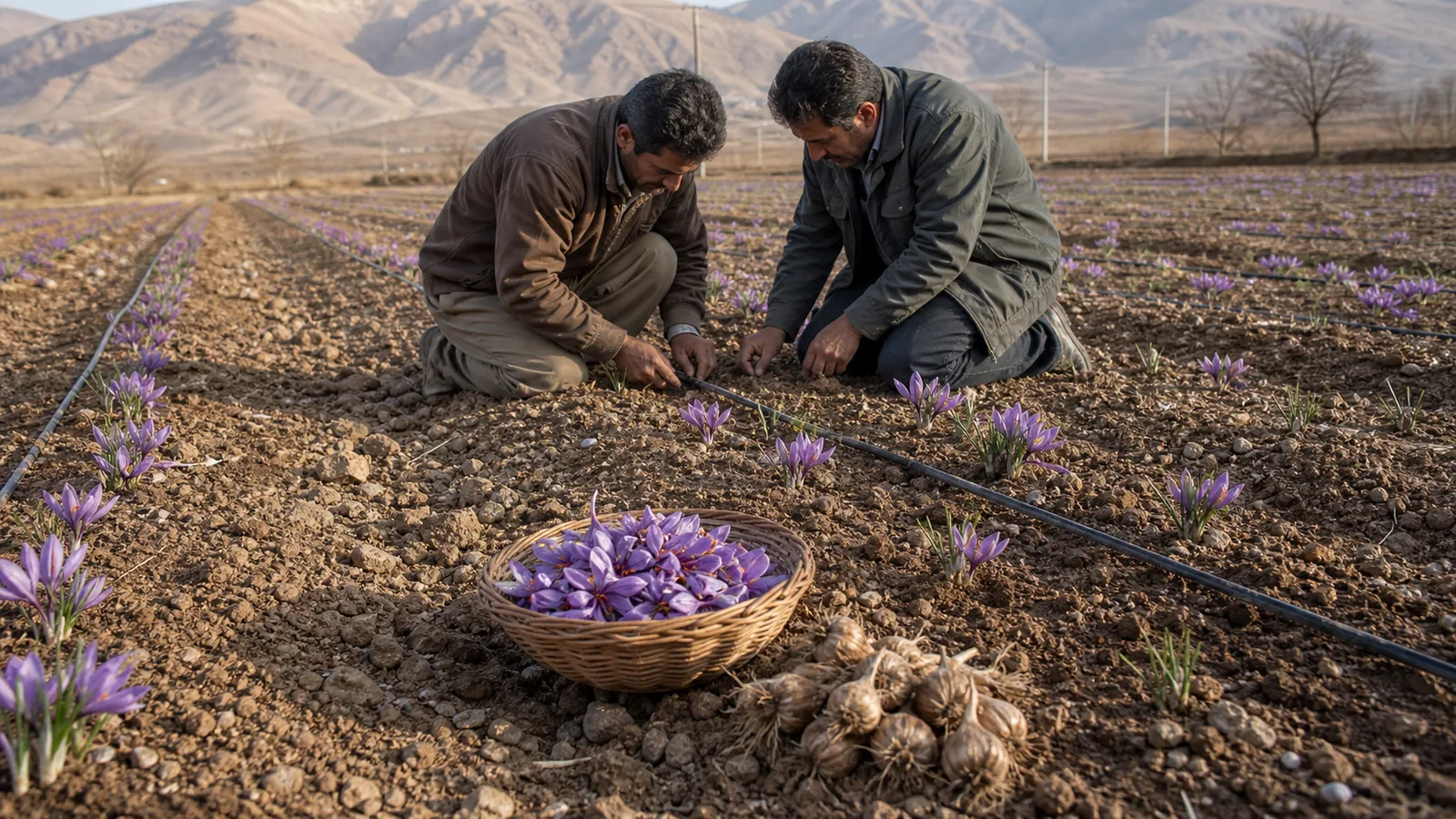Farmer and agronomist inspecting a saffron pilot field and irrigation line