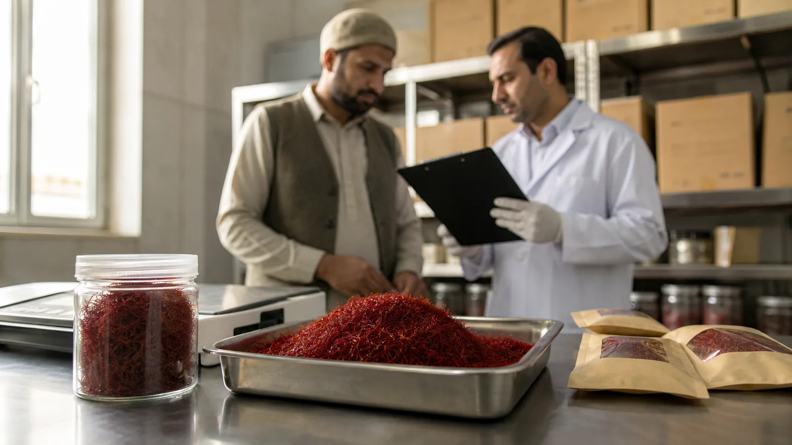 Grower and warehouse clerk inspecting a standardized saffron lot