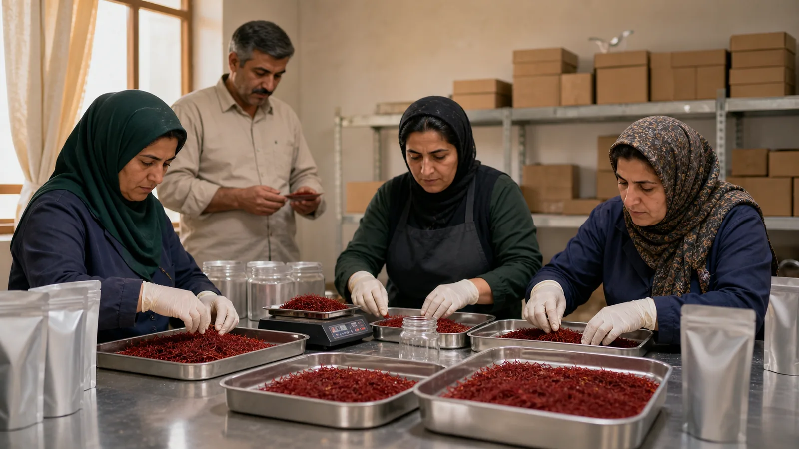 Rural cooperative members sorting and packing saffron in Khorramabad