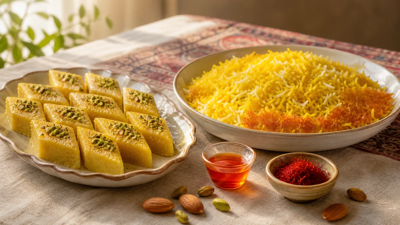 Persian saffron luz with pistachios beside golden saffron kate rice