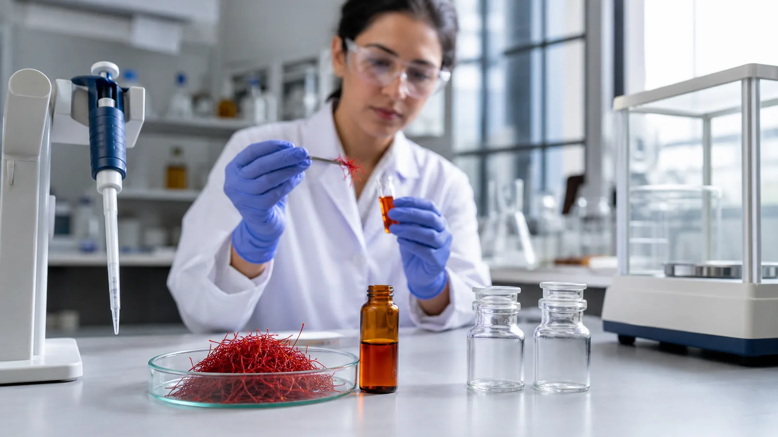 Researcher examining saffron threads and extract in a laboratory