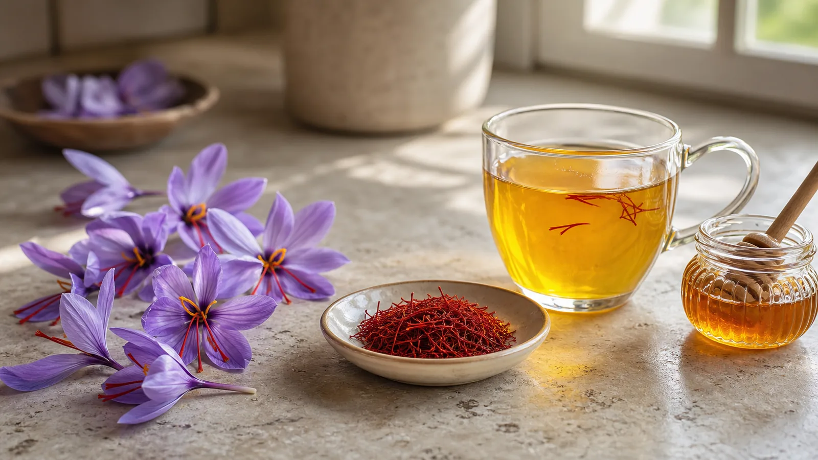 Purple saffron petals beside threads, tea and honey