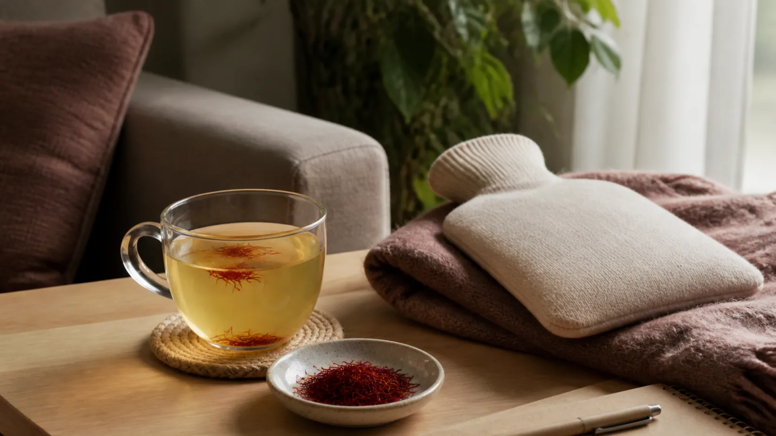 Saffron infusion beside a hot-water bottle and symptom diary