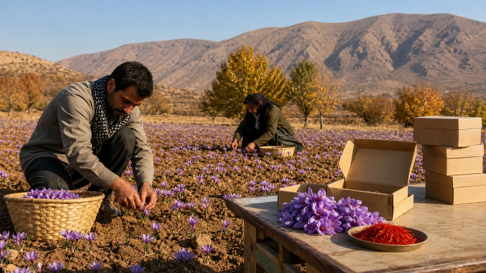 Workers harvesting saffron beside local packing boxes in Lorestan