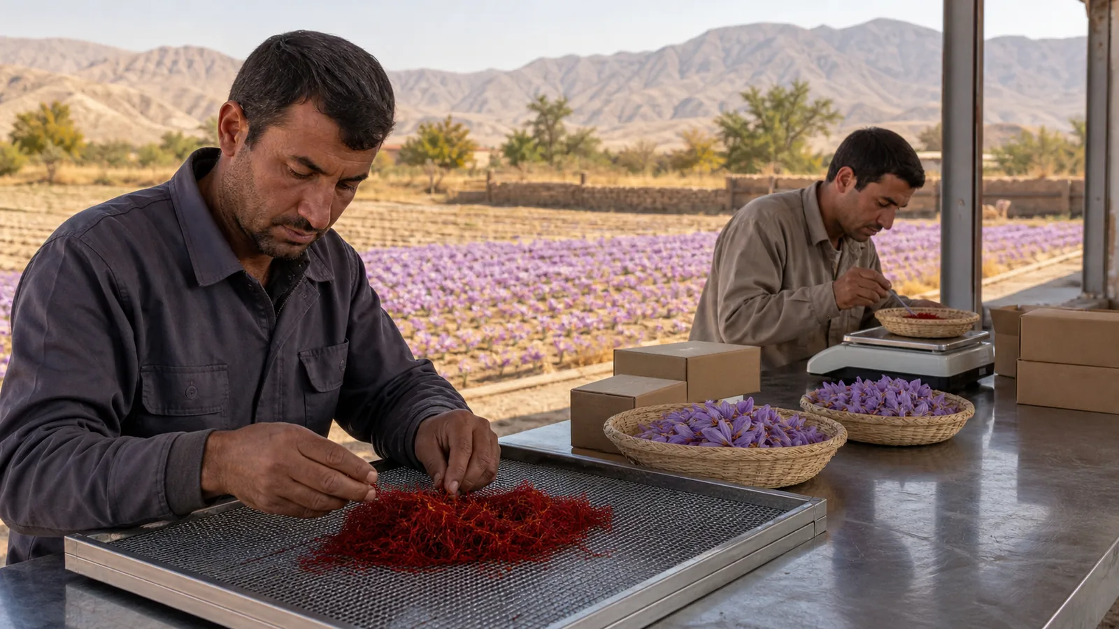 Workers separating and weighing Najafabad saffron beside the field