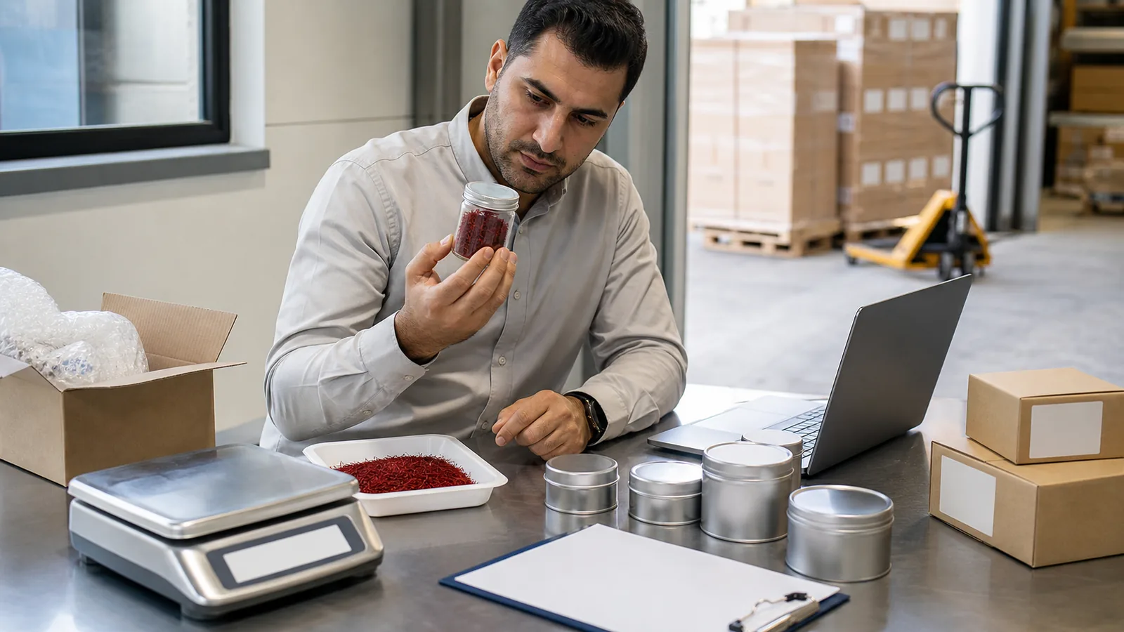 Specialist inspecting saffron in an export packing room