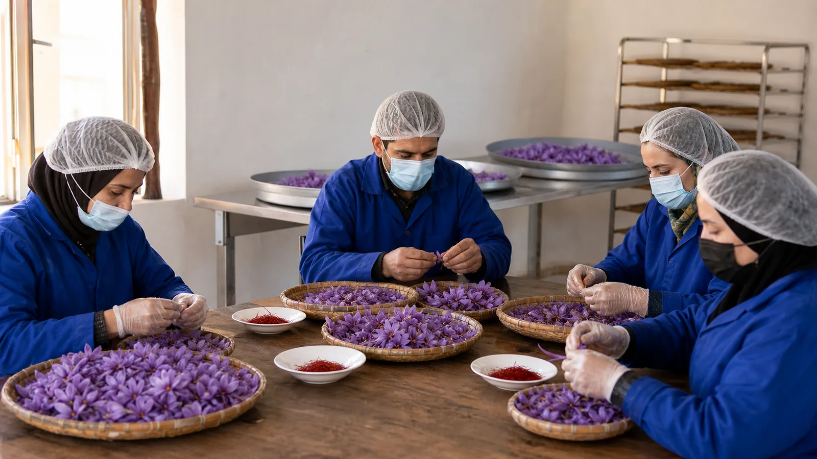 Workers separating saffron stigmas from purple flowers in a village workshop