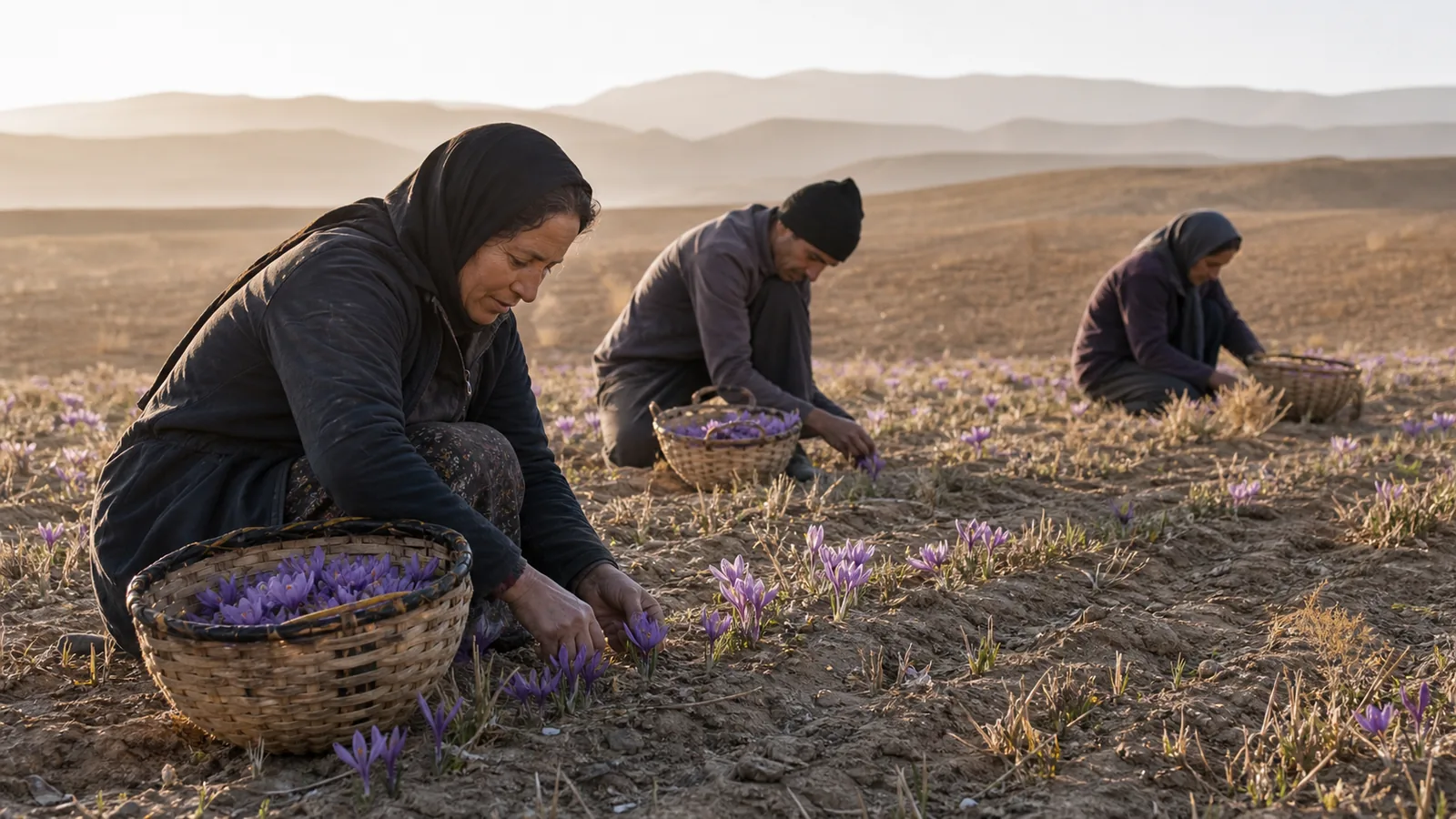 Workers picking saffron flowers in a Bardeskan field at dawn
