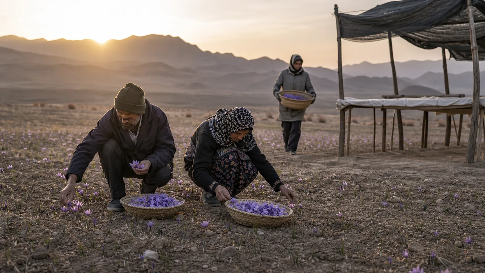 Workers picking Birjand saffron flowers at sunrise in South Khorasan