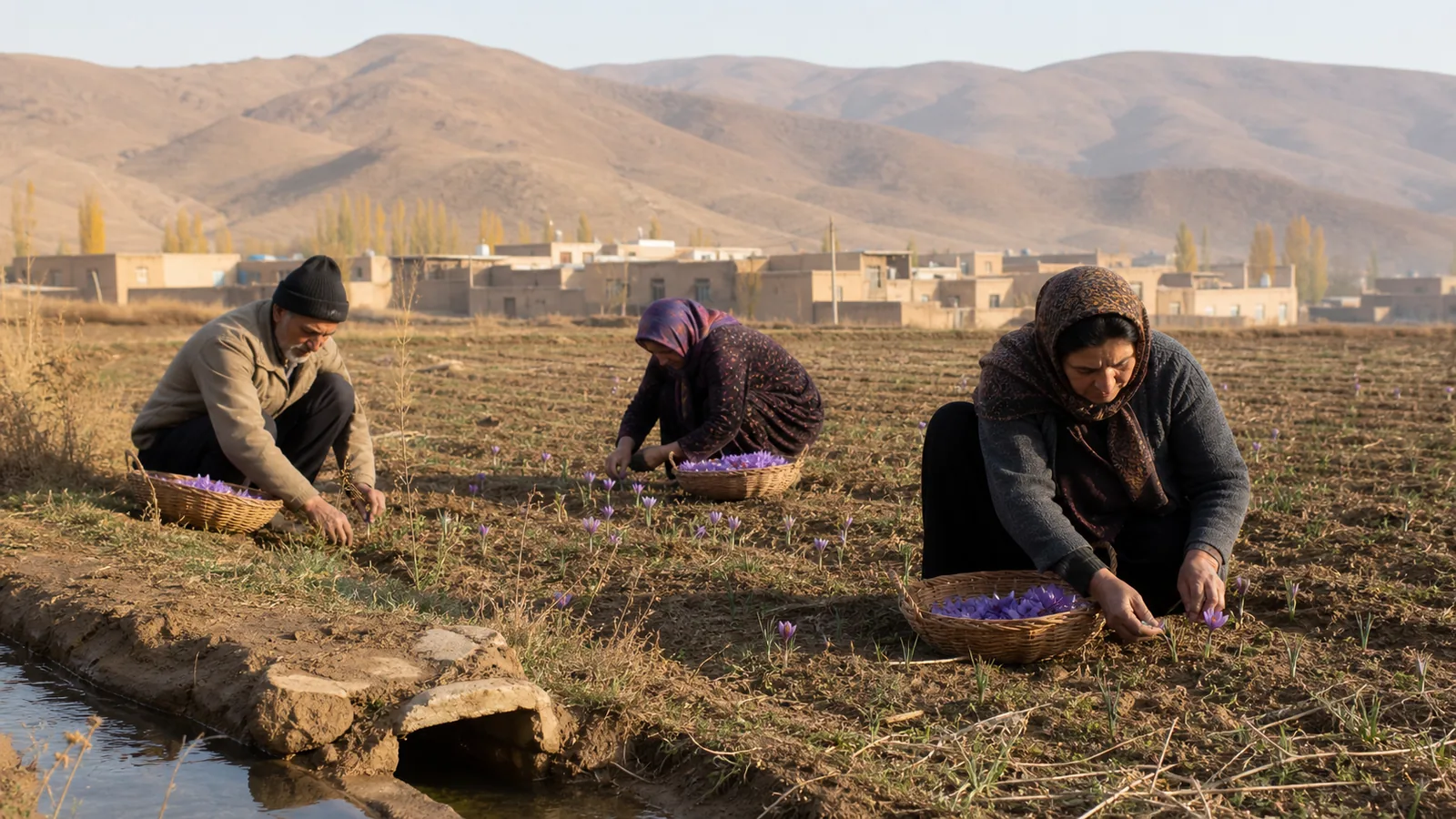 Farmers picking Azan village saffron beside an irrigation channel