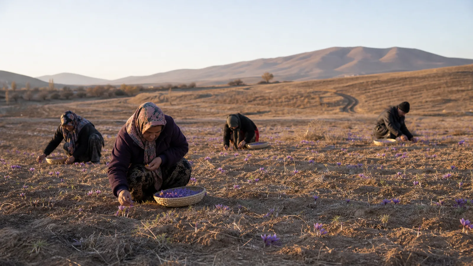 Workers picking Torbat Heydarieh saffron flowers in Khorasan Razavi