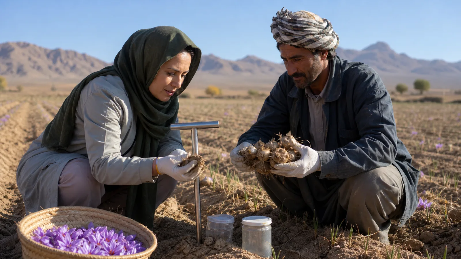 Farmer and agronomist inspecting saffron corms and soil in Ghaenat