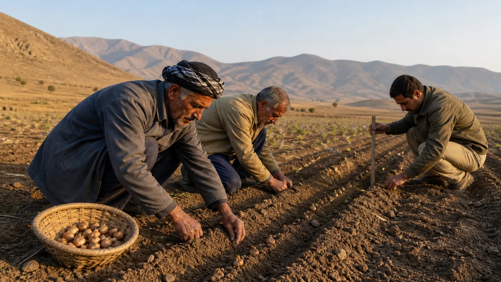 Farmers planting saffron corms in prepared rows in Lorestan