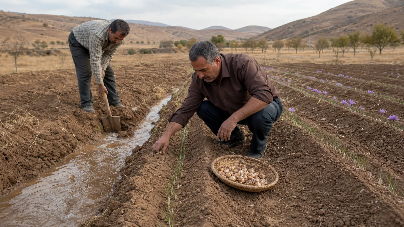 Farmers planting and irrigating a saffron field in Abhar