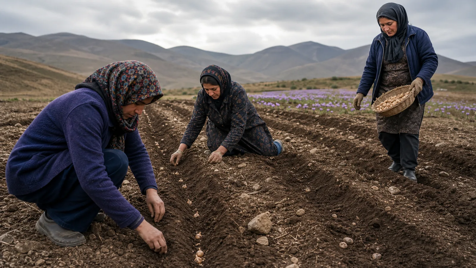 Women farmers planting saffron corms in an Ardabil field