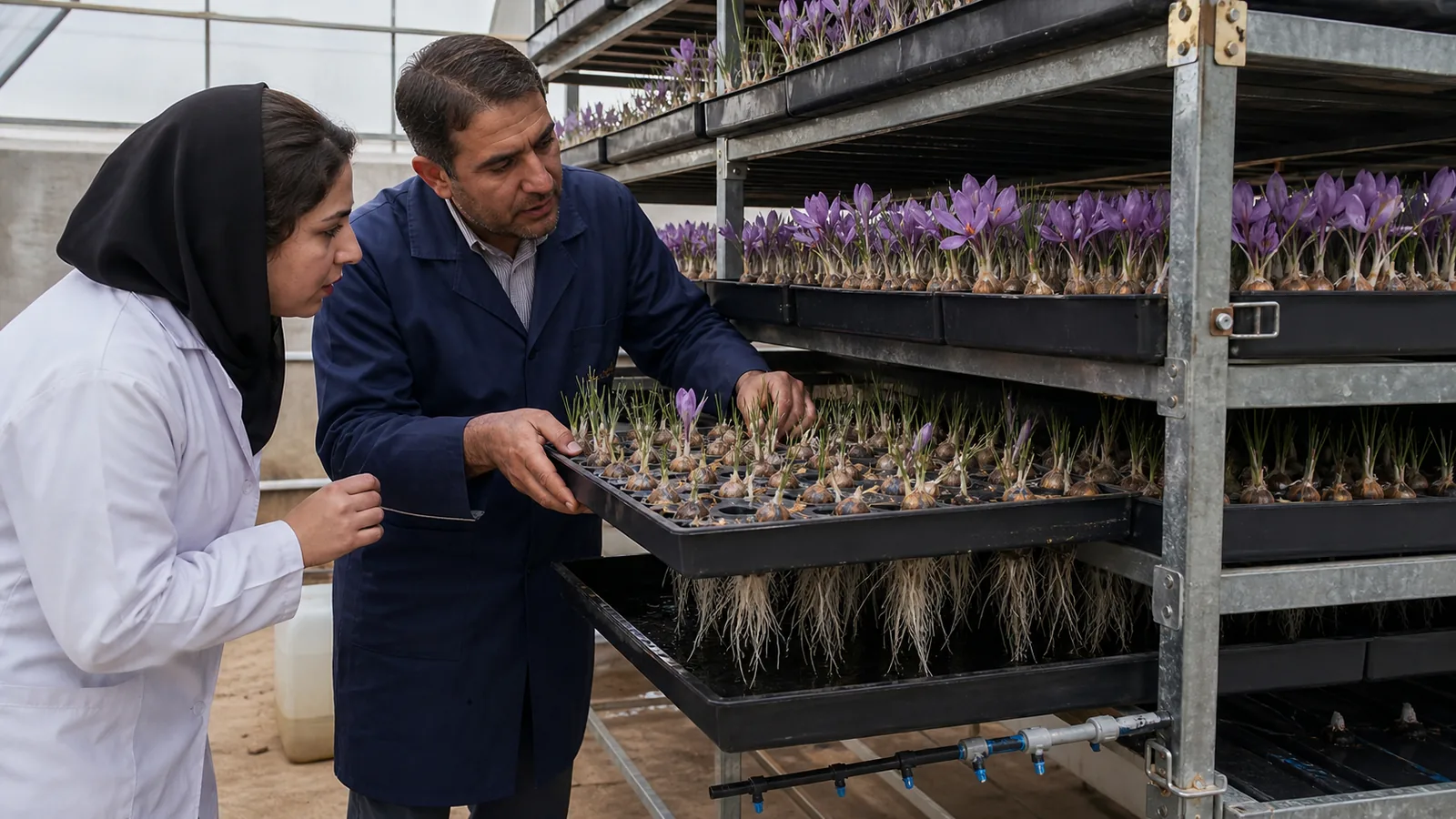Technician and grower inspecting aeroponic saffron corms in Kashmar