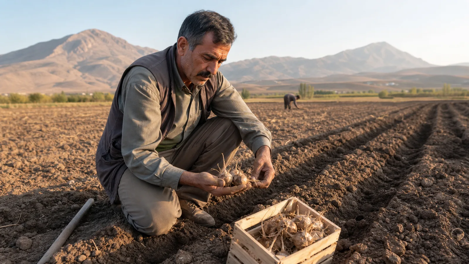 Grower inspecting saffron corms in a Hamedan field