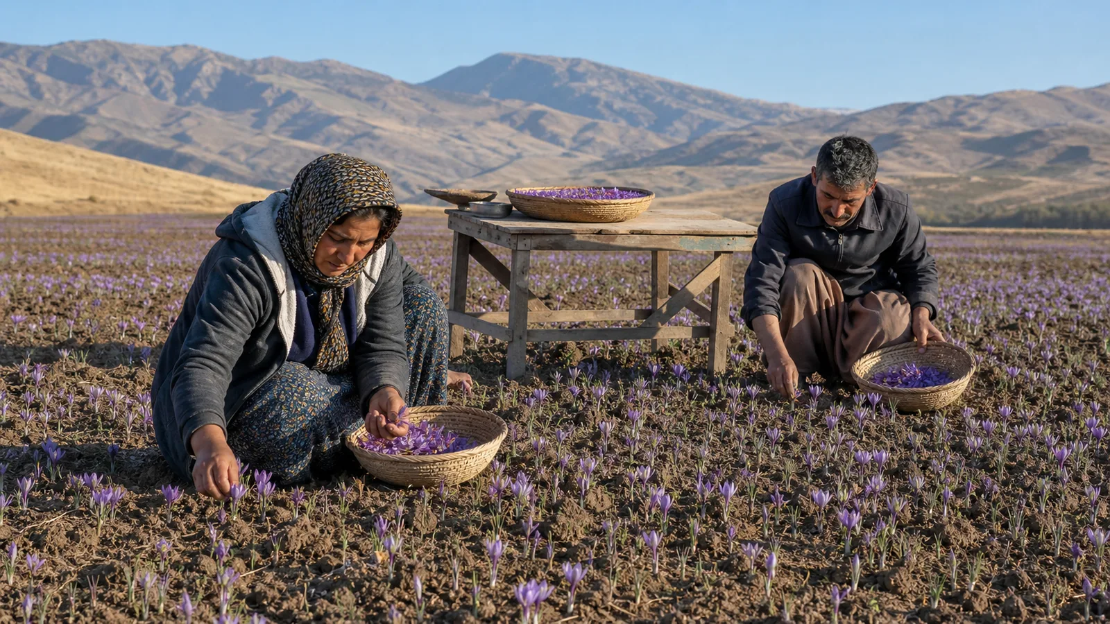 Growers harvesting saffron flowers in Kermanshah Province