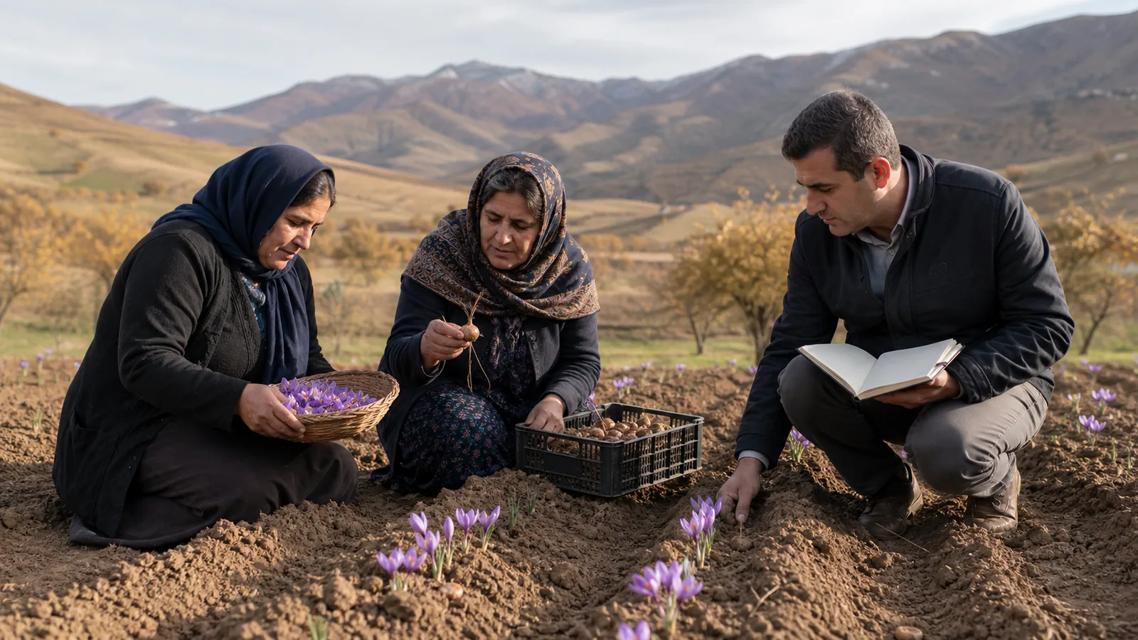 Women growers and technician inspecting an Ardabil saffron field