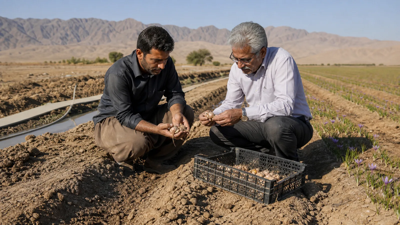 Grower and adviser inspecting saffron corms in Sirjan