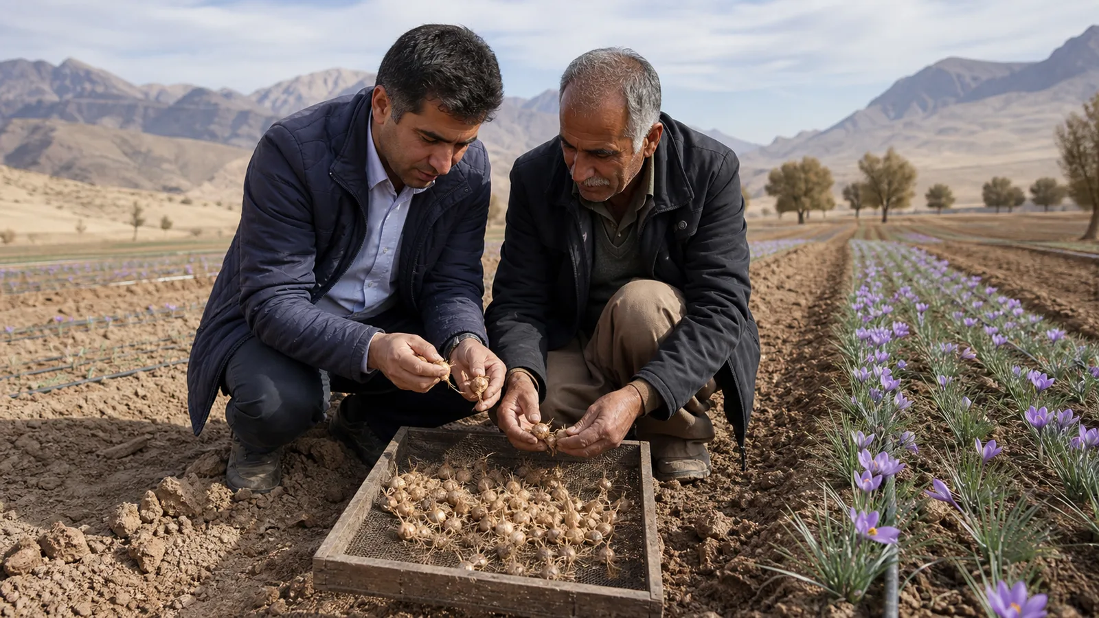 Grower and agronomist inspecting cultivated saffron corms in Chaharmahal and Bakhtiari